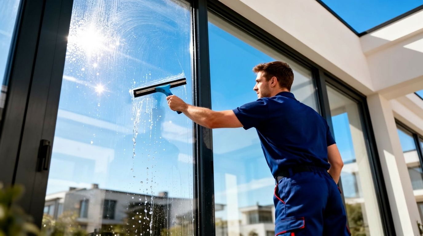 Fensterreinigung an einer Gewerbe-Glasfassade in Gütersloh
